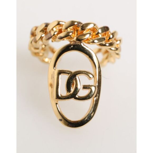 Dolce & Gabbana Gold Tone Brass Oval DG Logo Chain Adjustable Men's Ring